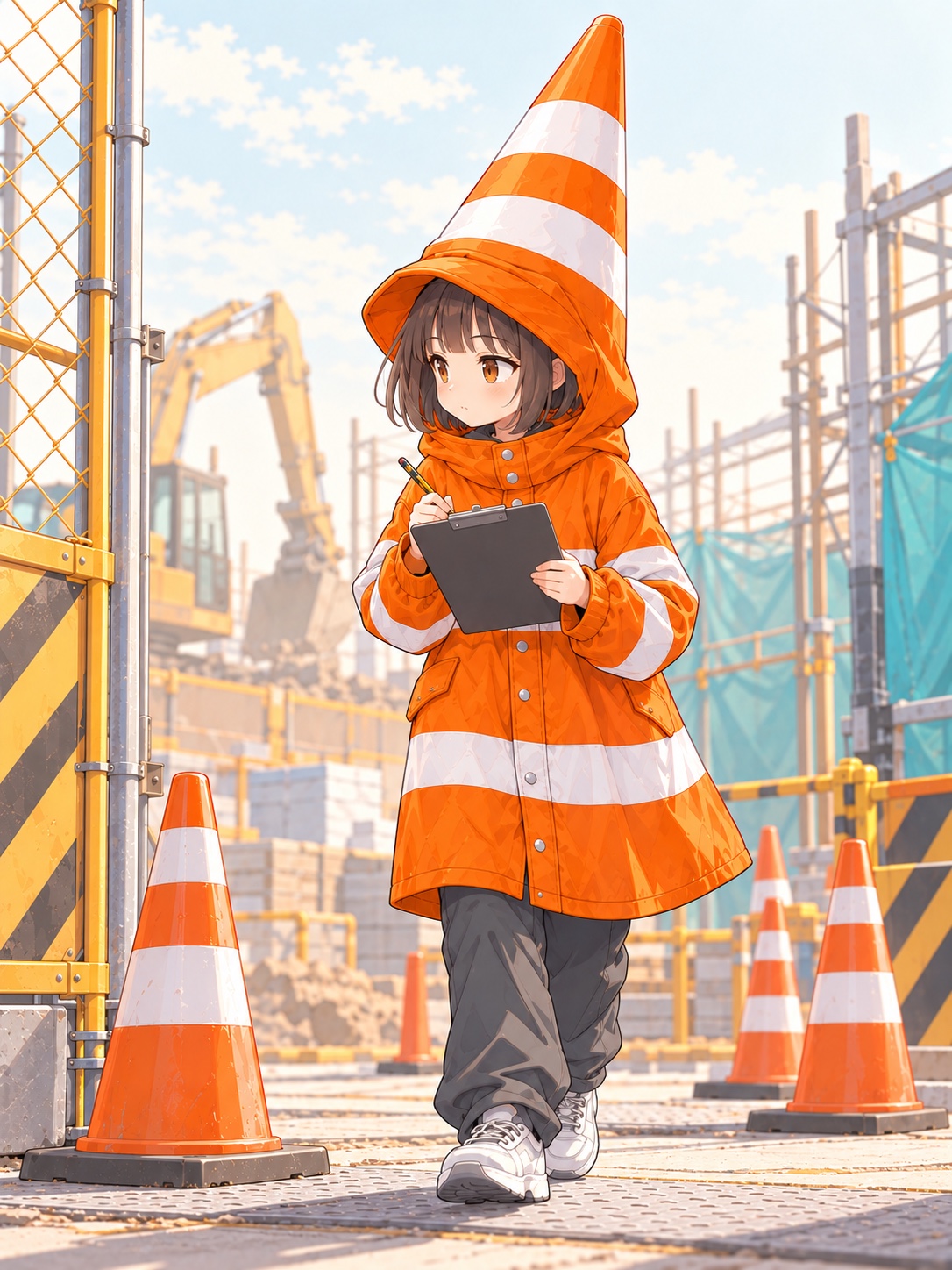 クリップボードを手に現場の安全を確認する橙縞コン子