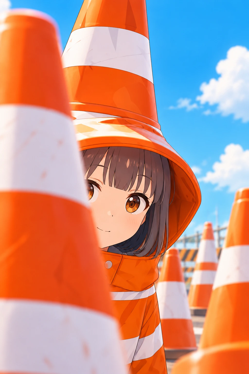 カラーコーンの陰から、いたずらっぽく顔をのぞかせるコン子